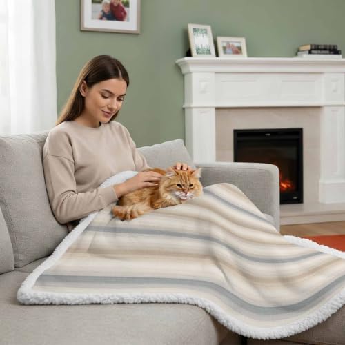 Fleece Sherpa Bed Blankets, Brown Gray Striped Microfiber Plush