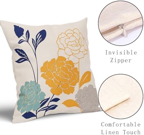 Flowers Outdoor Pillow Covers 22x22 Set of 2, Teal Grey Mustard Yellow