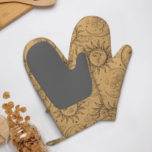 Tan Beige Vintage Celestial Sun Moon Stars Oven Mitts 2 Pack Kitchen