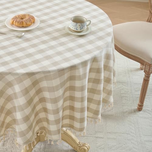 Softalker Gingham Round Tablecloth with Tassel, Beige, 70" x 70"