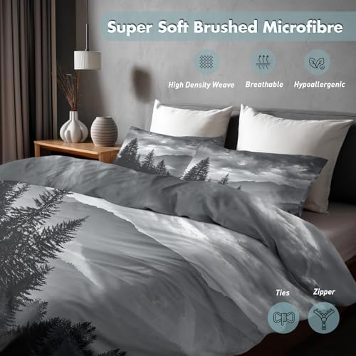 Grey Forest Duvet Cover King Size, Misty Mountain Pattern Bedding Set