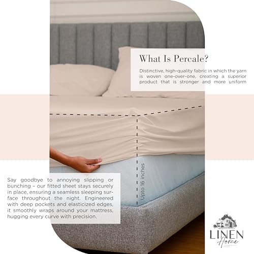 Linen Home 100% Cotton Percale Sheets Twin Size, Sand Shell, Deep