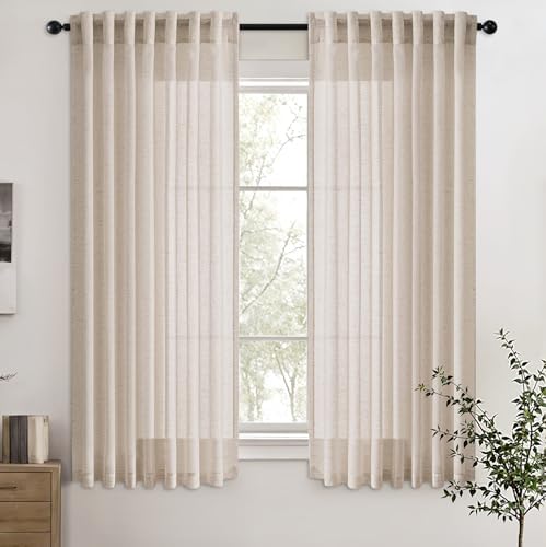ANRODUO Beige Semi Sheer Linen Blend Curtains 72 Inch Length 2 Panel