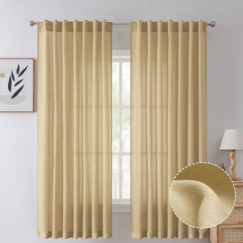 Tollpiz Beige Linen Cotton Curtains Back Tab Bedroom Semi Sheer