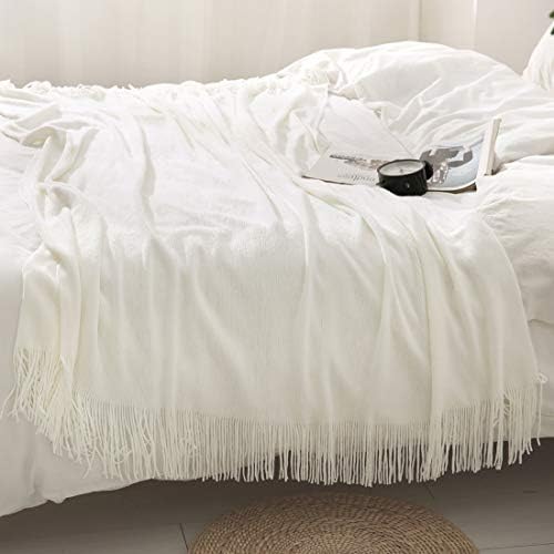 Homiest Ivory Knitted Throw Blanket with Fringe, 50x60 Inch