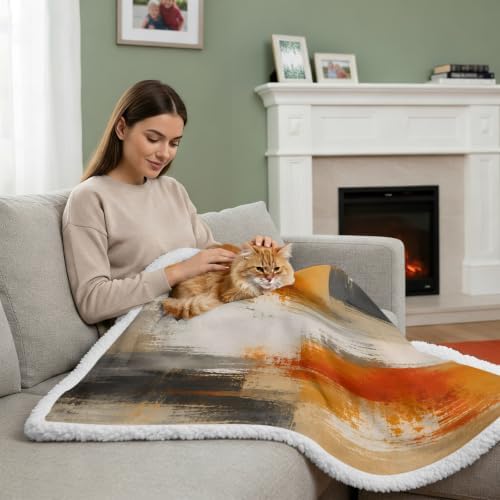 Fleece Sherpa Bed Blankets, Orange Beige Gray Microfiber Plush Flannel