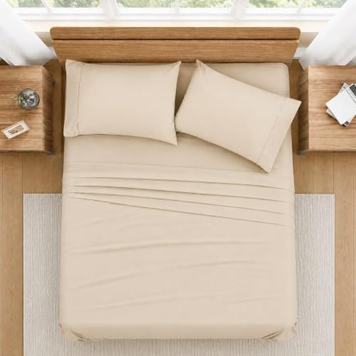 100% Egyptian Cotton 4-Piece Sheet Set Twin Size (Beige, Solid) Fits