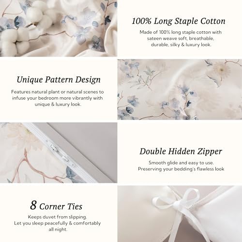 MILDLY Greige Floral Duvet Cover Set 3pcs Elegant for All Season Queen