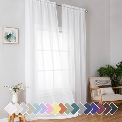 Simplebrand Sheer White Curtains 96 Inches Long 2 Panels for Living