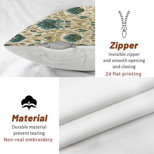 Vintage Floral Pillow Covers Set of 2, Teal and Gold Botanical Print