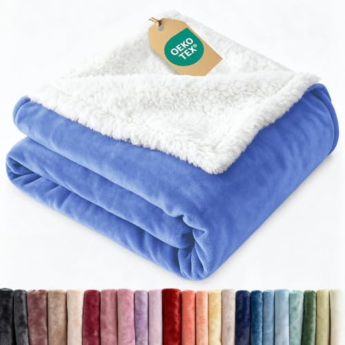 Sherpa Fleece Blanket Throw XL - Reversible Blanket - Vista Blue, 50"