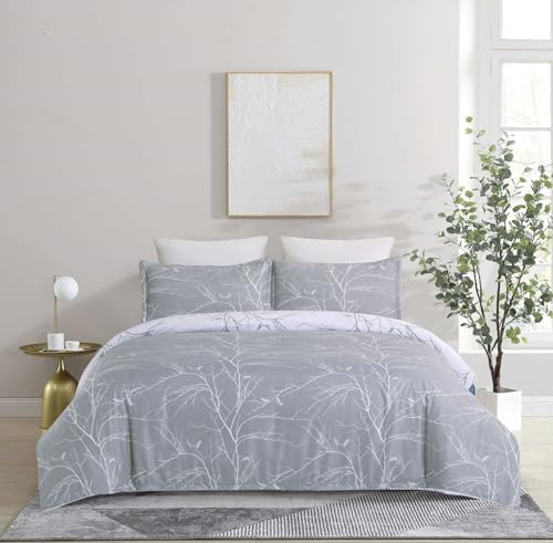 Vaulia Microfiber Duvet Cover Set King, Light Grey Branch