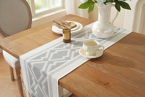 Boho Table Runner, Natural Cotton Woven Gray Runner,for Modern