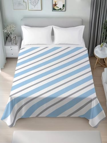 King Size Flat Sheet Only, Light Blue Gray White Stripe Bed Top Sheet
