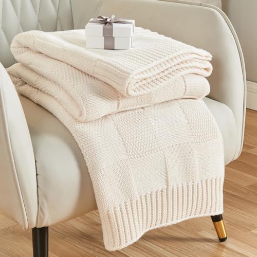 CozeCube Cream White Knitted Checkered Throw Blanket 50"X60"