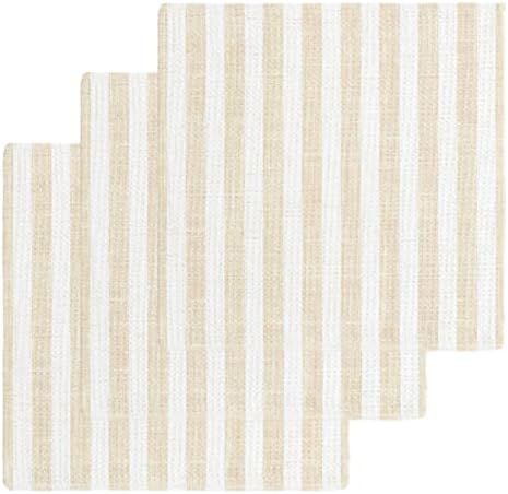 Beige Striped Dish Towels Set, Waffle Weave Kitchen Towels 3 Pieces