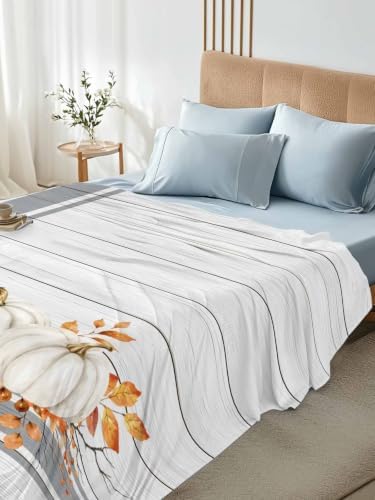 Cal King Size Flat Sheet Only, Fall Thanksgiving Farm Pumpkin Bed Top