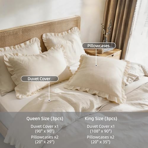 100% French Linen Ruffle Duvet Cover Set 3pcs, Soft Breathable Natural