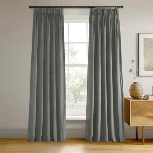 Plush Velvet Pleated Blackout Curtains (1 Panel), 25W X 120L, Silver
