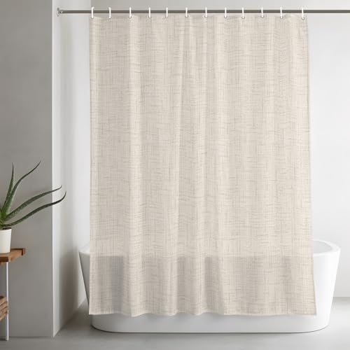 Creamy Solid Shower Curtain with 12 Hooks, Minimalist Tan Linen
