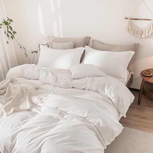 3Pcs Off White Solid Queen Duvet Cover Set Washed Cotton
