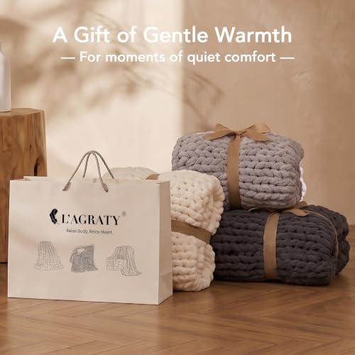L'AGRATY Chunky Knit Throw Blanket for Couch, 50 x 70 Inches, Light