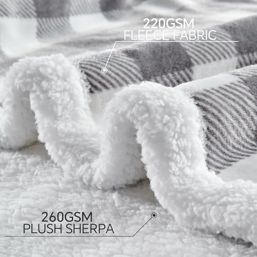 BEDELITE Grey Whtie Buffalo Plaid Sherpa Blanket, Fluffy Twin 60"x80"
