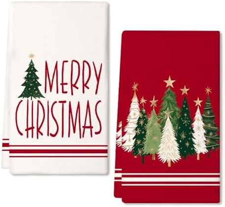 Merry Christmas Kitchen Towels Set of 2 Red Xmas Tree 18x26 inch