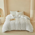 Cream Ruched Twin XL Duvet Cover, Vintage Boho Textured, Zipper & Ties