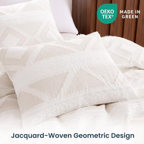 SLEEP ZONE Queen Duvet Cover Set, Tufted Boho Cotton Blend, Beige