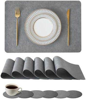 Reversible Faux Leather Placemats and Coasters Set of 12, 12x17 Inch