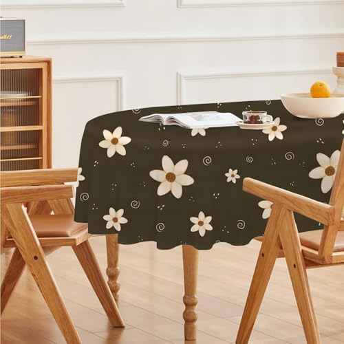 Beige Floral Print Oval Tablecloth, Waterproof Vinyl Table Cover