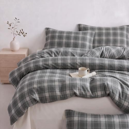 Gray Plaid Duvet Cover Set Queen Size, Tartan Plaid Washed Cotton