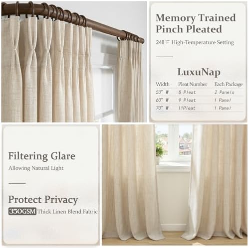 Natural Linen Pinch Pleated Curtains 84 Inch Length for Sliding Glass