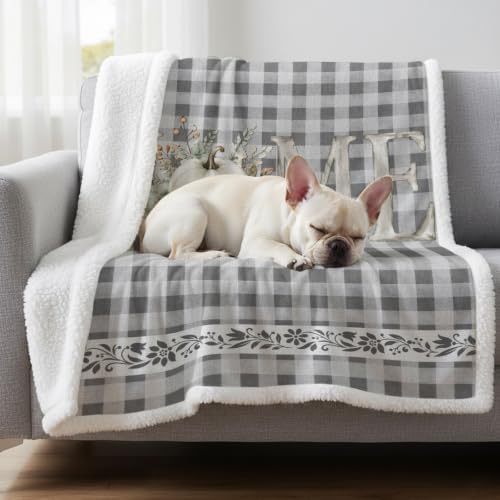 Fleece Sherpa Bed Blankets, Grey Checked Microfiber Plush Flannel