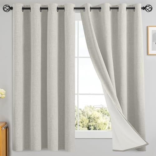 Yakamok Cream Linen Textured Curtains 63 Inches Long for Living Room