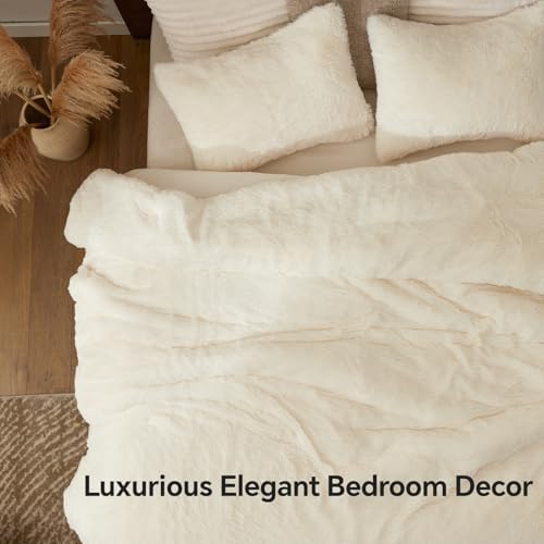 BEDELITE Cream White Fluffy Comforter Set King, Fuzzy Faux Fur