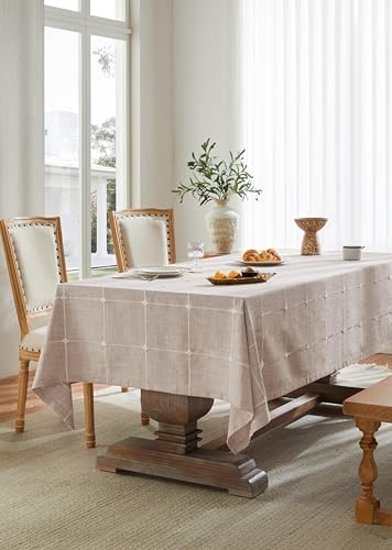 ZeeMart Grid Embroidered Rectangle Hemmed Tablecloths 52x70in, Taupe