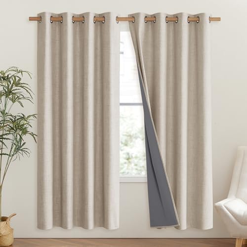 NICETOWN Oatmeal Bedroom Full Blackout Linen Curtain Panels Set of 2