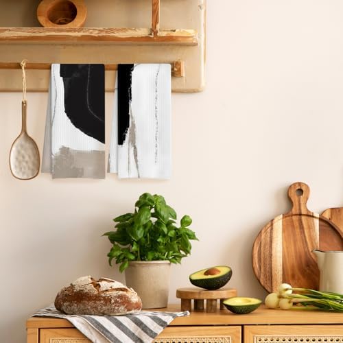 Abstract Boho Black White and Beige Kitchen Towels, Minimalist Boho