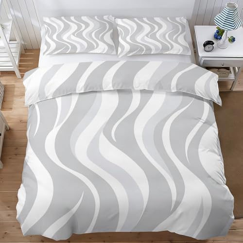 Abstract Geometry Duvet Cover Queen, White Grey Wave Line Bedding Set