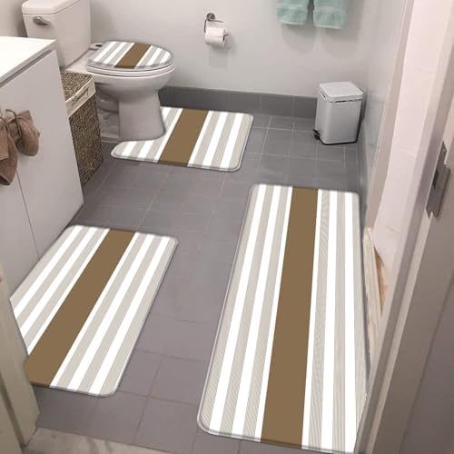 4pcs Striped 4pcs Bath Mat Set,Brown White Lines Cute Modern