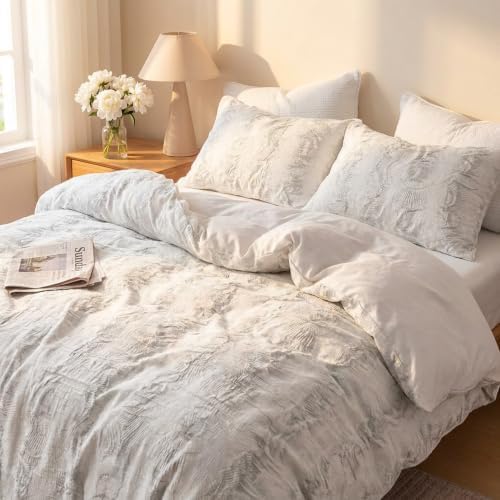 SLEEP ZONE Duvet Cover Set Queen, White Modern Jacquard Bedding Set