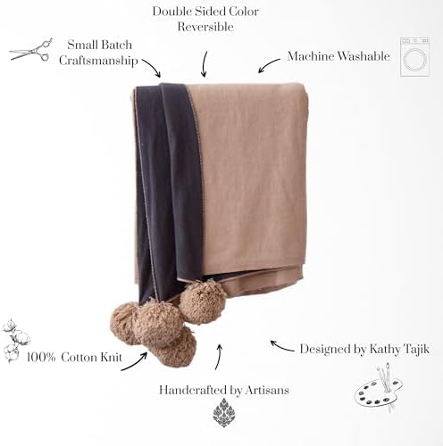 Tajik Home Dakota Beige Cotton Knit Throw Blanket – 50x60 Reversible