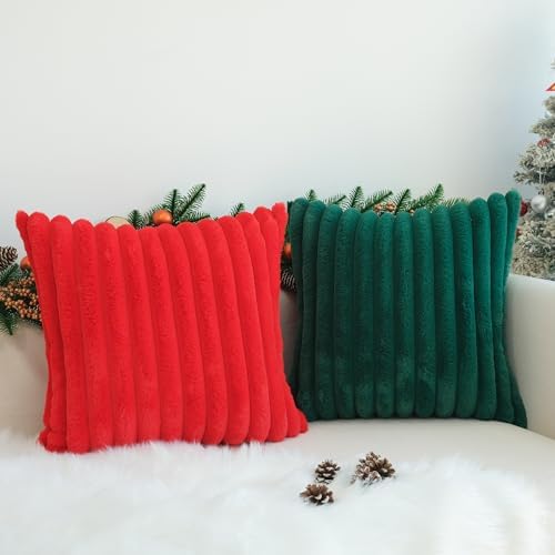 JOJUSIS Faux Fur Plush Throw Pillow Covers, Dark Green, 22 x 22-Inch