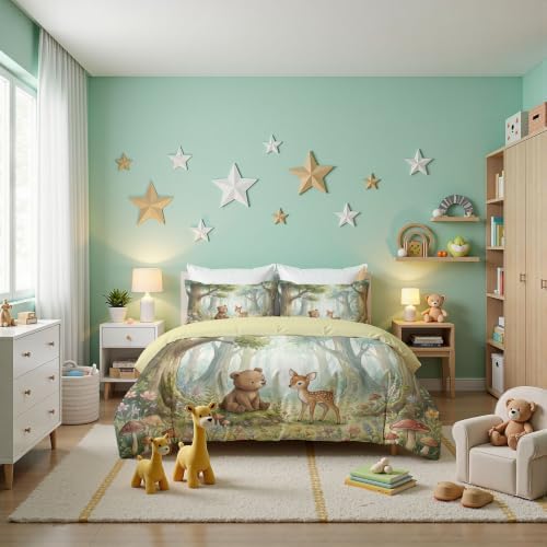 Sage Green Watercolor Animal Forest Duvet Cover Set for Women Girls