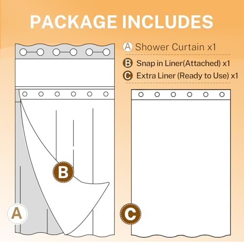 River Dream No Hooks Shower Curtain with 2 Snap in Liner, Light Grey