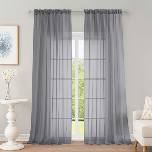 OWENIE Grey Sheer Curtains 96 Inch Long 2 Panels for Living Room 59"