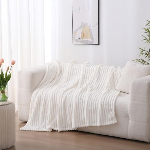 Cream White Fleece Throw Blanket 108”×90” for Couch Sofa Livingroom