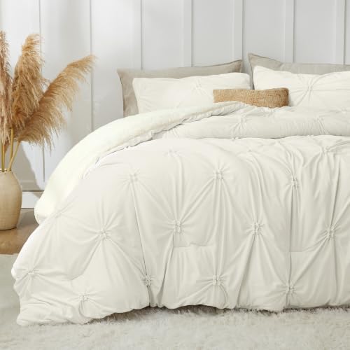 BEDELITE Fluffy Sherpa King Comforter Set,Pintuck-Cream